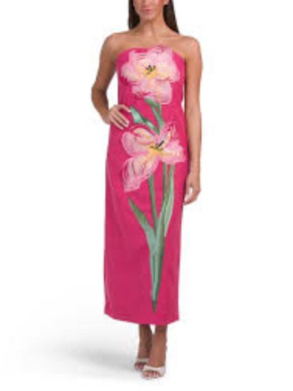 Dalia Macphee pink flower 3 D applique sheath column cocktail midi dress size S